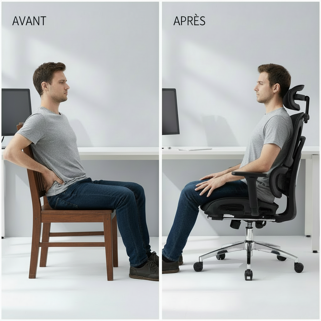 Détail du repose-pieds intégré rétractable de la chaise E1PRO
